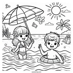 Kids Swimming At The Beach Coloring Page