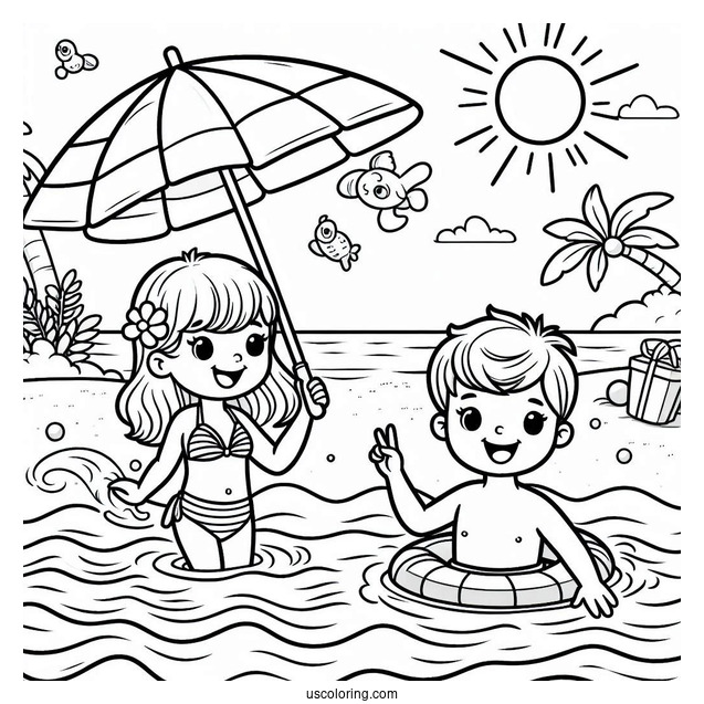 Kids Swimming At The Beach Coloring Page