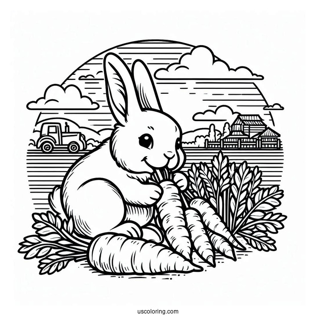 Rabbit Coloring Page Chewing On Carrots While Harvesting In A Farm