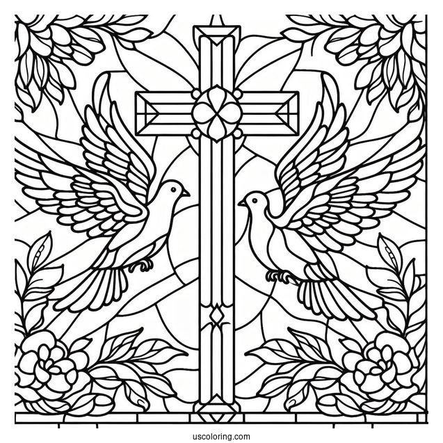 Two Doves Flying To The Cross Stained Glass Coloring Page
