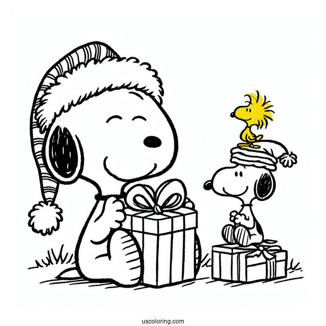Snoopy And Woodstock Unwrapping Gifts During Christmas