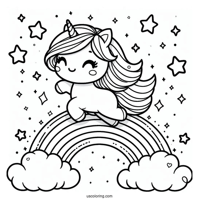 Chibi Coloring Page Unicorn Trotting Across a Rainbow with Sparkling Stars