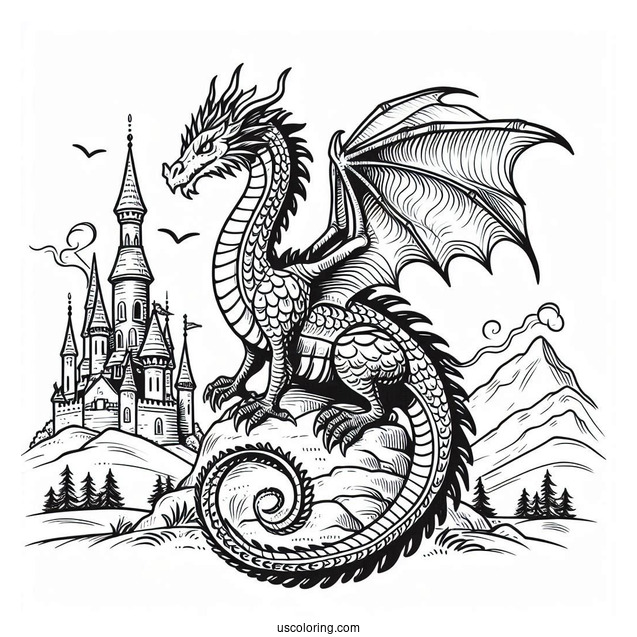 Dragon On Top Of Medieval Castle To Color