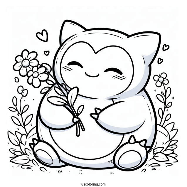 Kawaii Snorlax Coloring Page Holding Flower For Kids