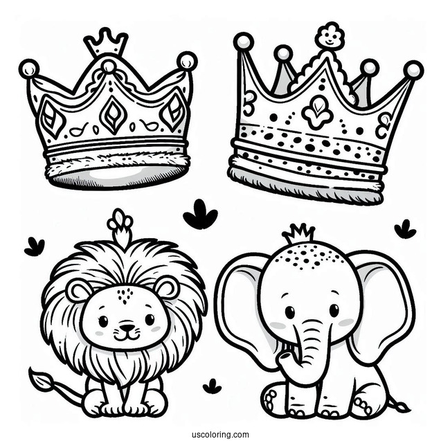 Jungle Animal Crown Coloring Page with Lion, Elephant, and Leopard For Preschoolers