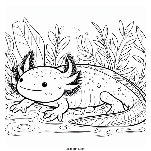 Large Axolotl Coloring Page Crawling On The Sea Floor