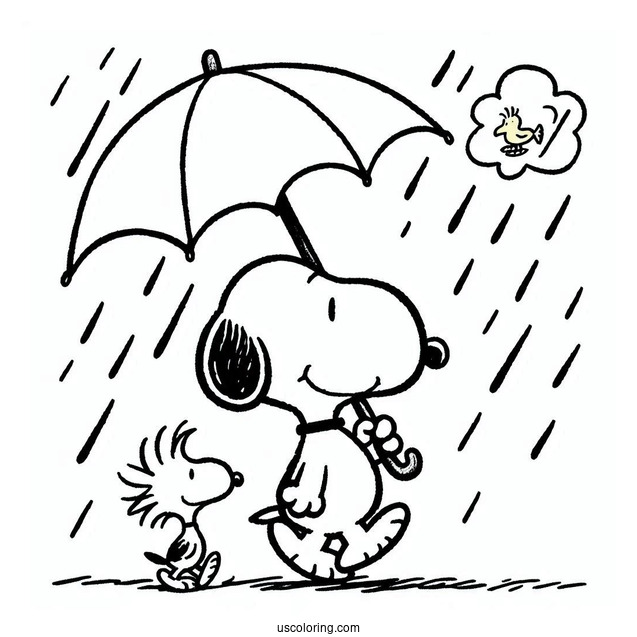 Snoopy And Woodstock Walking Under The Rain Coloring Page