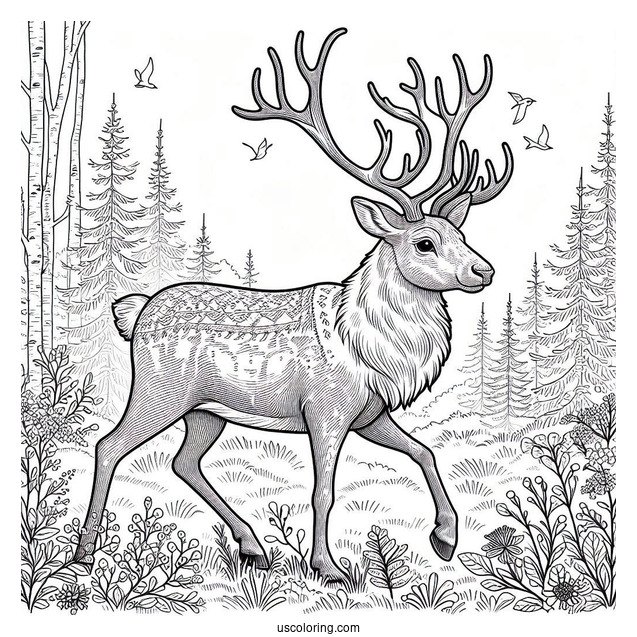 Detailed Reindeer Walking In The Wild To Color