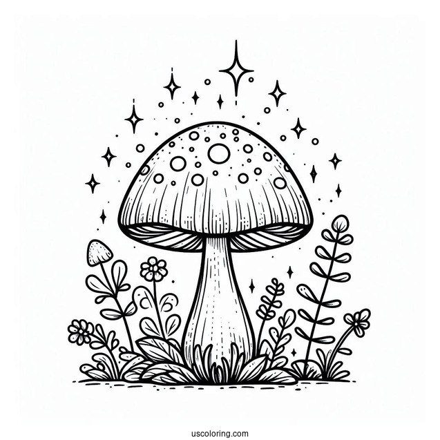 Fantasy Mushroom Coloring Page With Sparkles