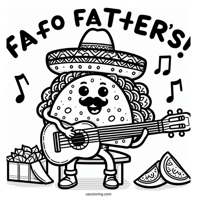 Father's Day Coloring Page Of Cartoon Taco Playing The Guitar With Punny Greeting