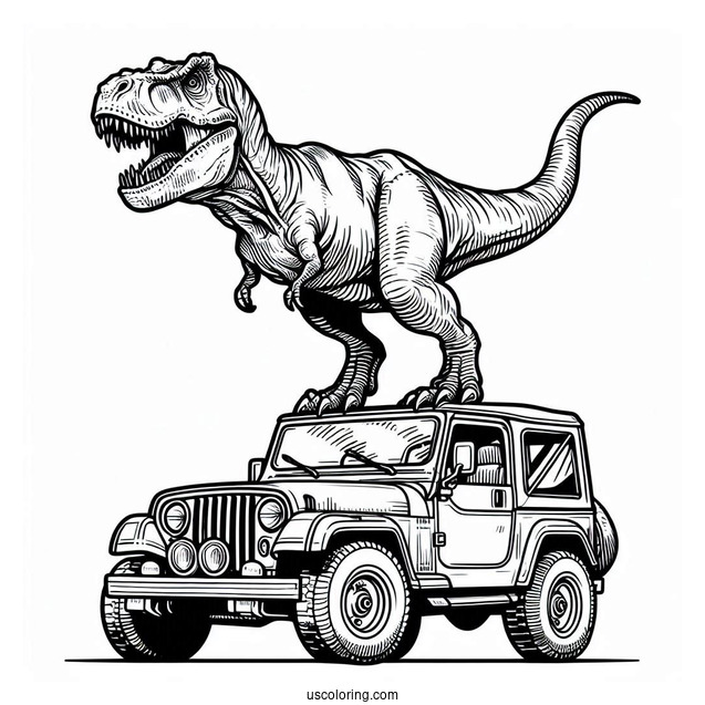 Jurassic Park T-Rex Standing On Jeep