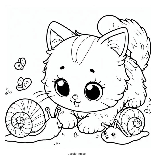 Coloring Sheet Of Kitten Playing With Snails