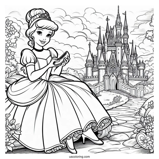Princess Coloring Page Of Cinderella Outside Of Castle Holding Glass Slipper