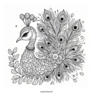 Side Profile Of Peacock Coloring Page With Fanned Feathers