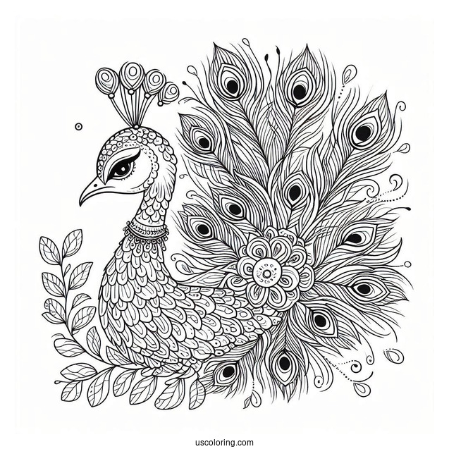 Side Profile Of Peacock Coloring Page With Fanned Feathers