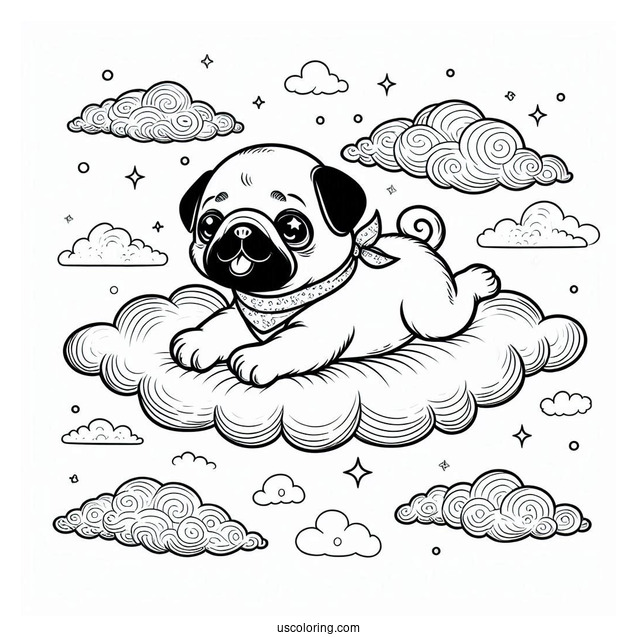 Lovable Pug Coloring Page Puppy Floating in the Clouds