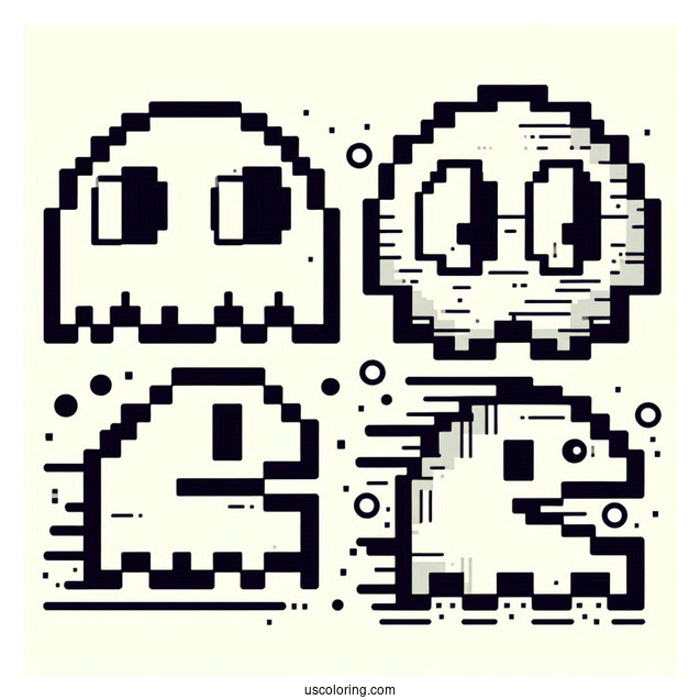 Retro Pixelated Pac-Man Coloring Page Ghosts