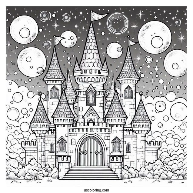 Magical Castle Coloring Page With Bubbly Background