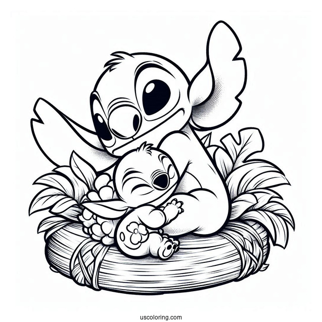 Lilo & Stitch Coloring Page Of Nani Cuddling Stitch