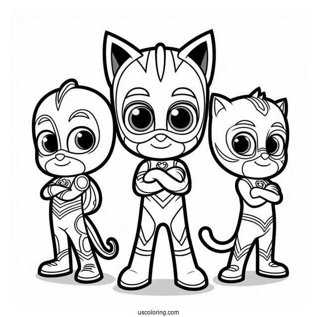 PJ Masks Coloring Page Of Simple Owlette, Gekko, And Catboy Standing With Arms Crossed