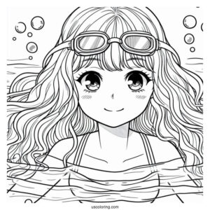 Girl Wearing Goggles Swimming Coloring Page Under Water