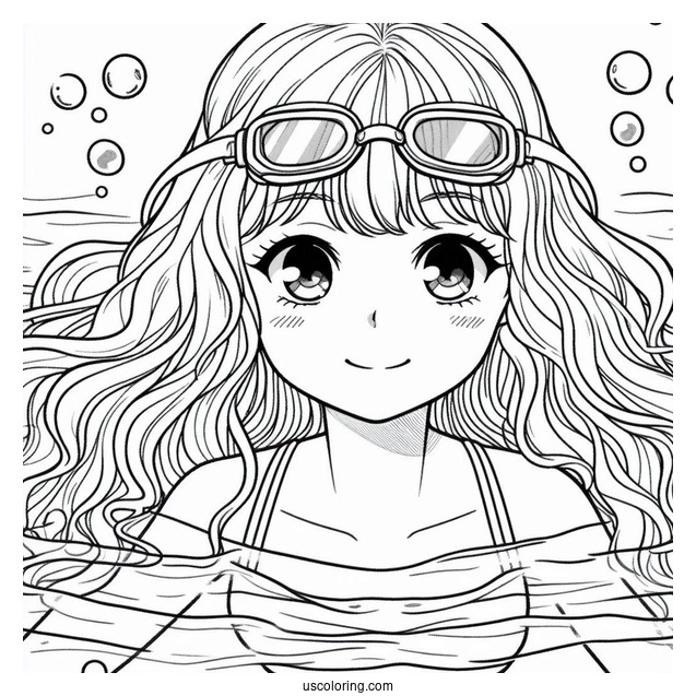 Girl Wearing Goggles Swimming Coloring Page Under Water