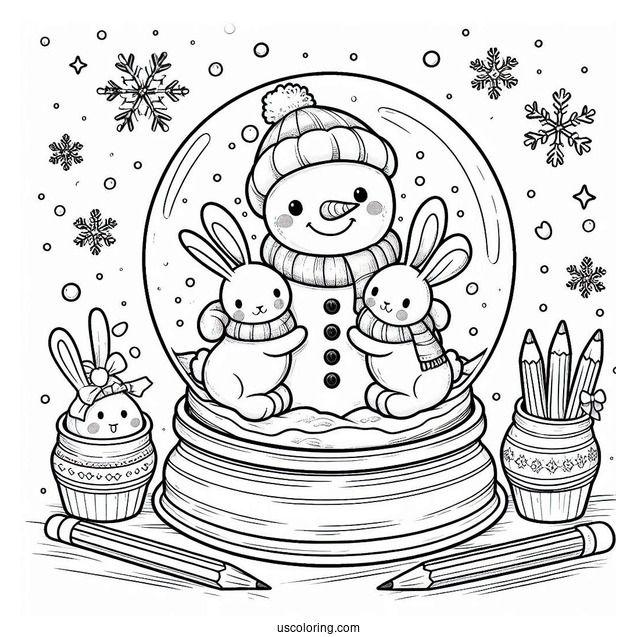 Snowman Hugging Rabbits Snow Globe Coloring Page