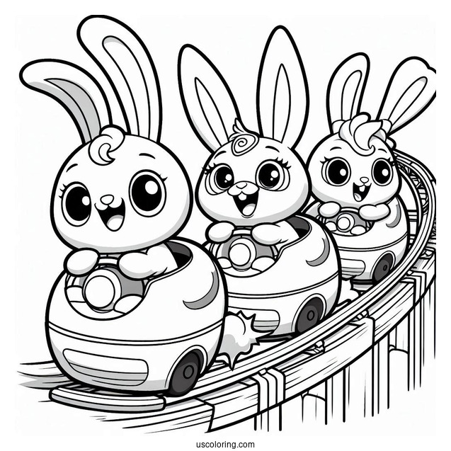 Sunny Bunnies Coloring Page Turbo, Shiny, Big Boo, Iris, And Hopper Riding Rollercoaster For Kids