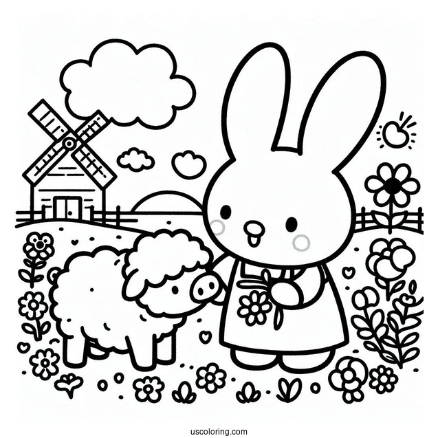 Miffy Coloring Page With Pig And Lamb In A Farm