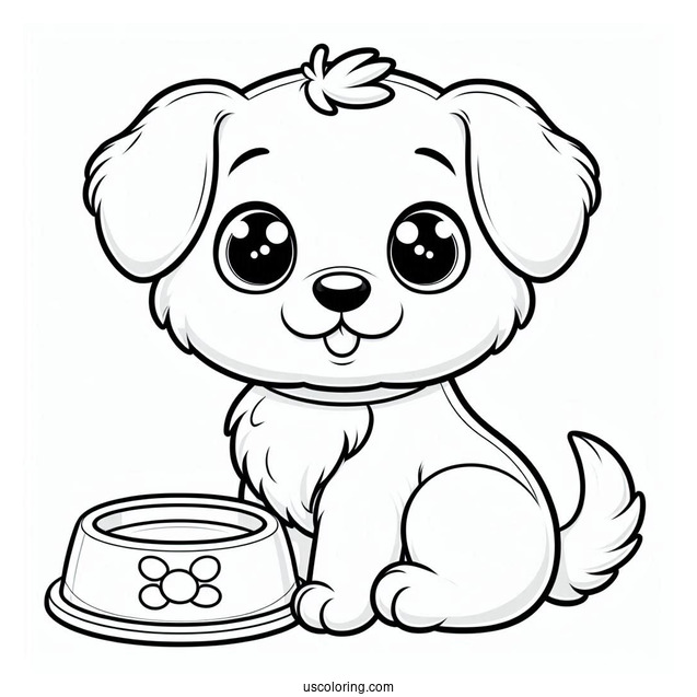 Cute Cartoon Puppy In Front Of Food Bowl