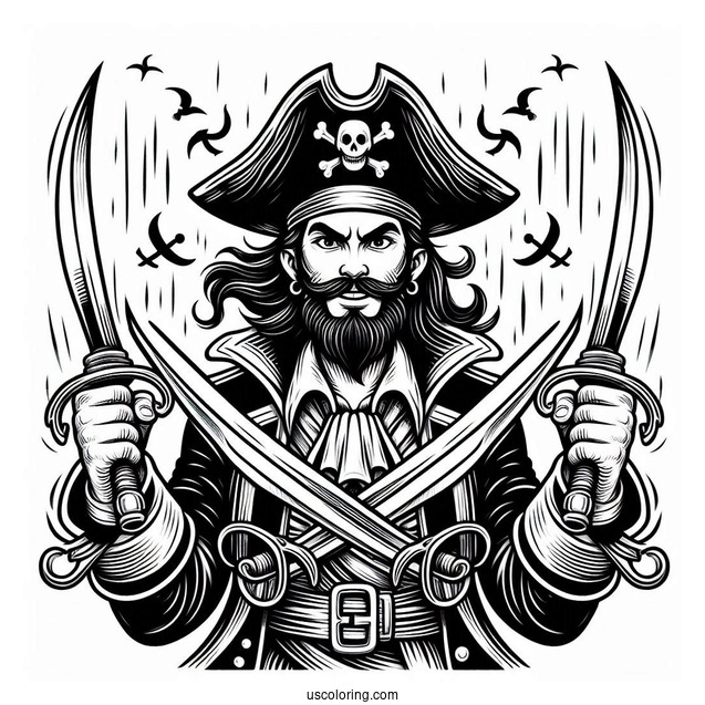 Pirate Coloring Page Holding Up Two Daggers For Kids