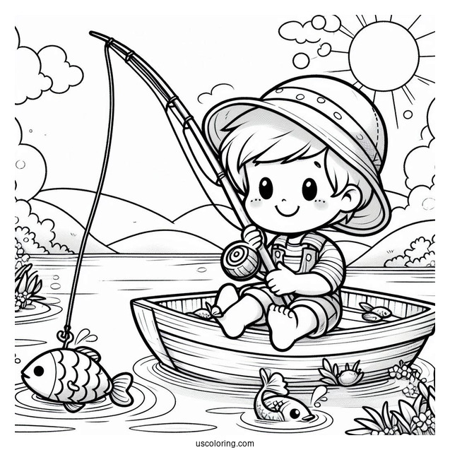 Happy Little Boy Fishing Coloring Page