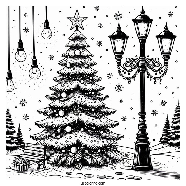 Christmas Tree In The Snow With Lamp Posts