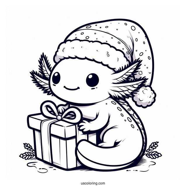 Axolotl Coloring Page In Santa Costume Holding A Present