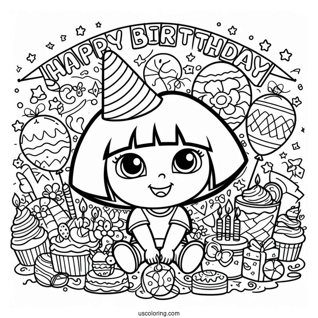 Dora Happy Birthday Coloring Page For Kids