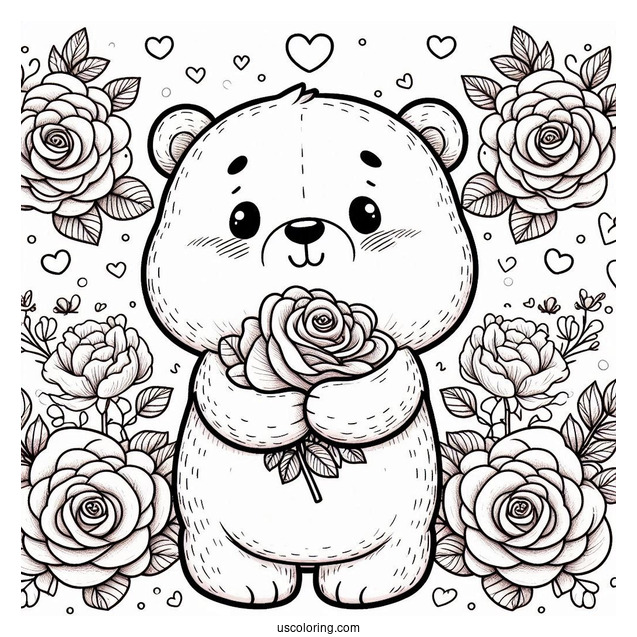 Smiling Critters Coloring Page BearHug With Rose Background
