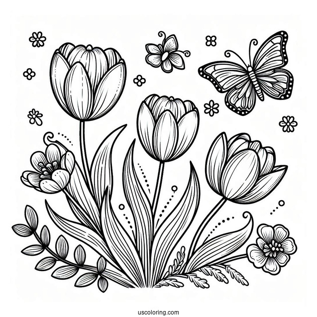 Flower Coloring Pages Of Three Tulips With Butterfly