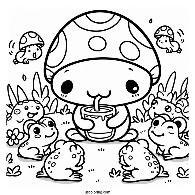 Cute Coloring Page Of Cartoon Mushroom Drinking While Surrounded By Frogs