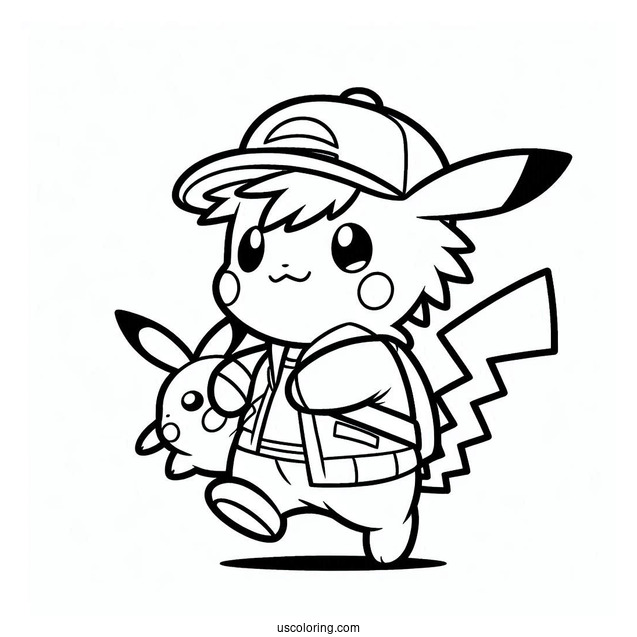Simple Outline Of Ash Carrying Pikachu Coloring Page