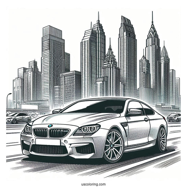 M6 BMW Coloring Page In Front Of Buildings