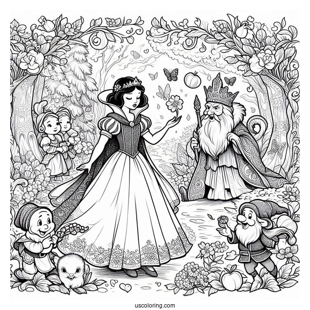 Detailed Snow White Coloring Pages Surrounded By The Dwarves, Prince Charming, And The Evil Queen