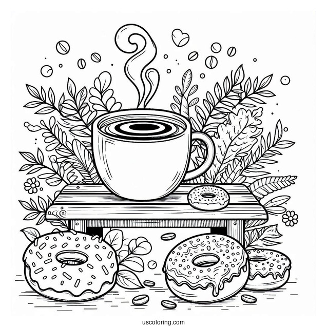 A Mug Of Coffee Sitting With A Donut Coloring Page On A Bench