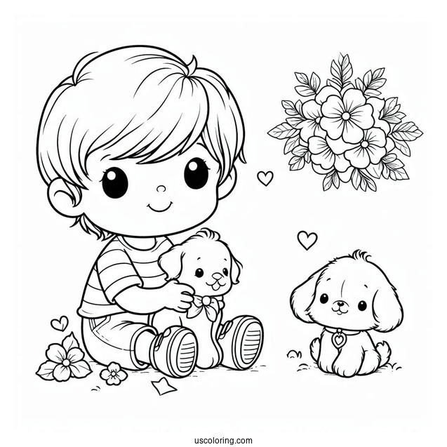 Precious Moments Coloring Page Of Little Boy With Toy Dog For Kids