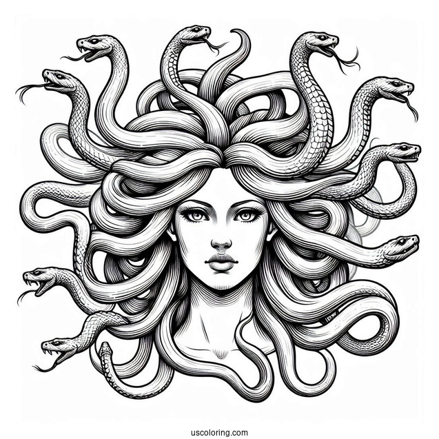 Realistic Medusa Coloring Page With Large Snakes On Head