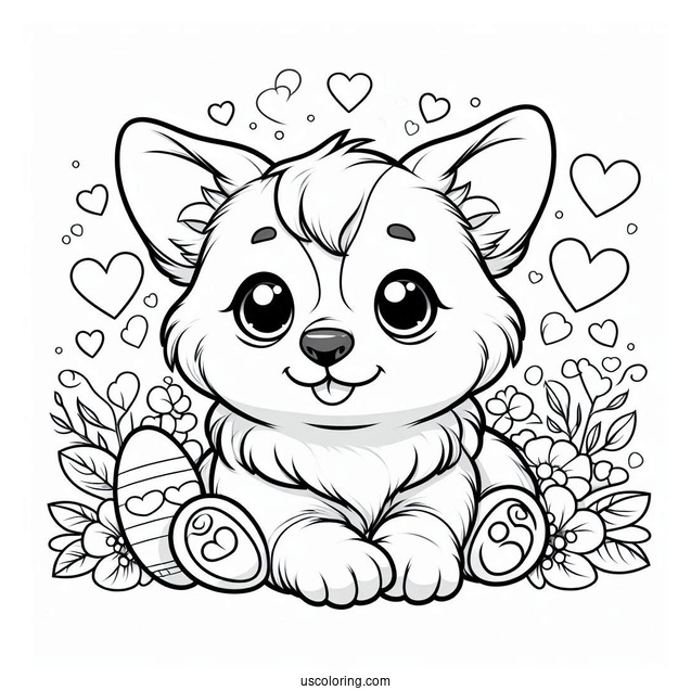 Adorable Corgi Puppy With Hearts Coloring Page