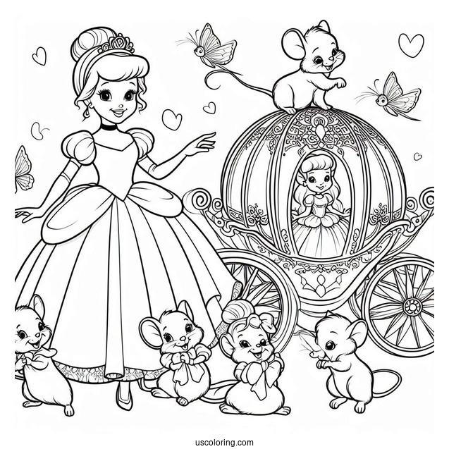 Cinderella With Mice, Fairy And Carriage To Color For Kids