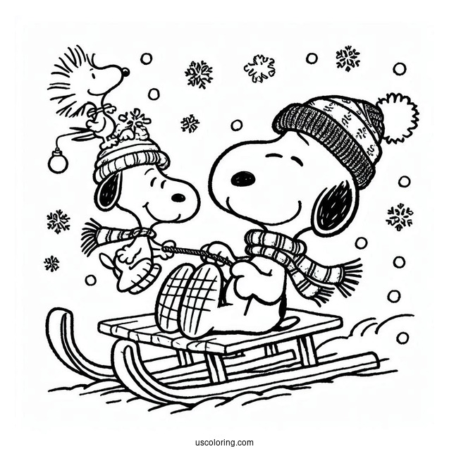 Woodstock And Snoopy Sledding During Christmas