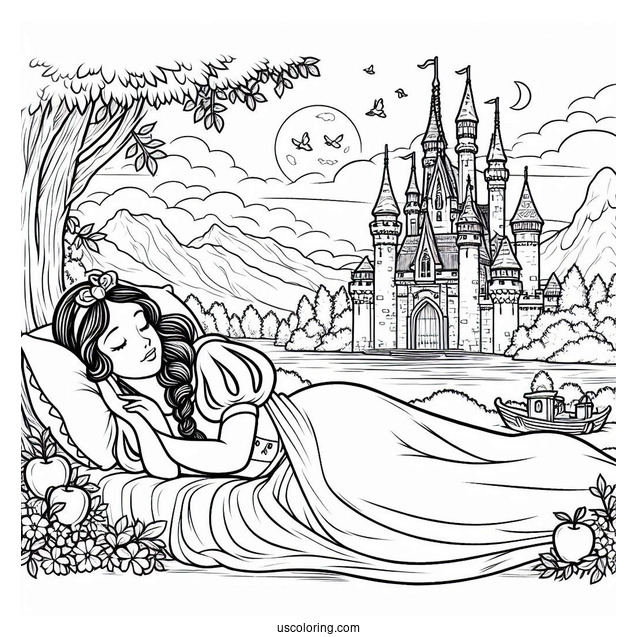 Sleeping Beauty Coloring Page Of Snow White And Aurora Outside A Castle