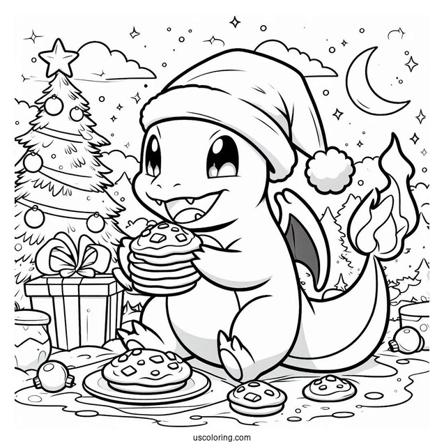 Pokemon Christmas Coloring Page Charizard Eating Cookies In Front Of Christmas Tree
