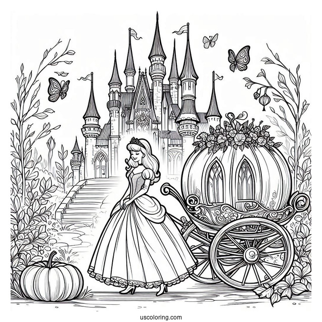 Cinderella With Pumpkin Coach, Castle And Fairy Godmother